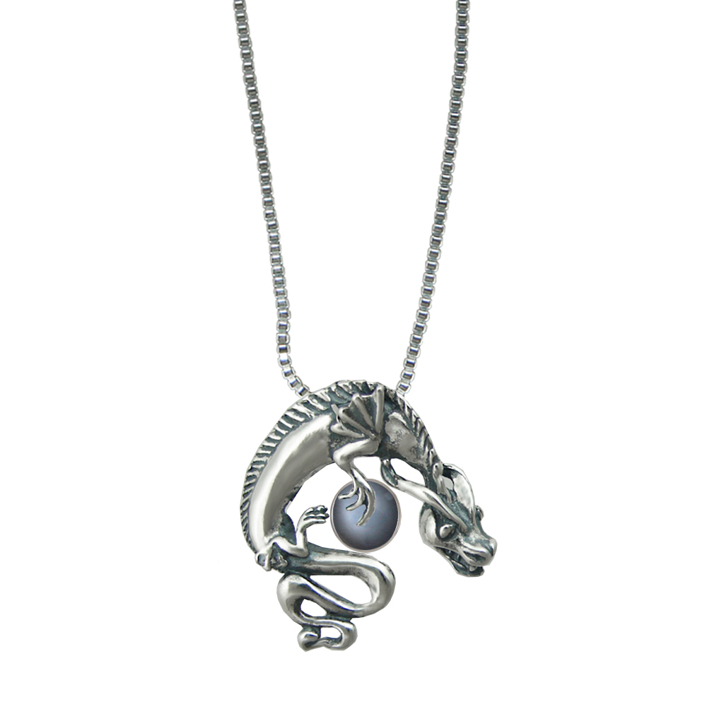 Sterling Silver Playful Dragon Pendant With Grey Moonstone